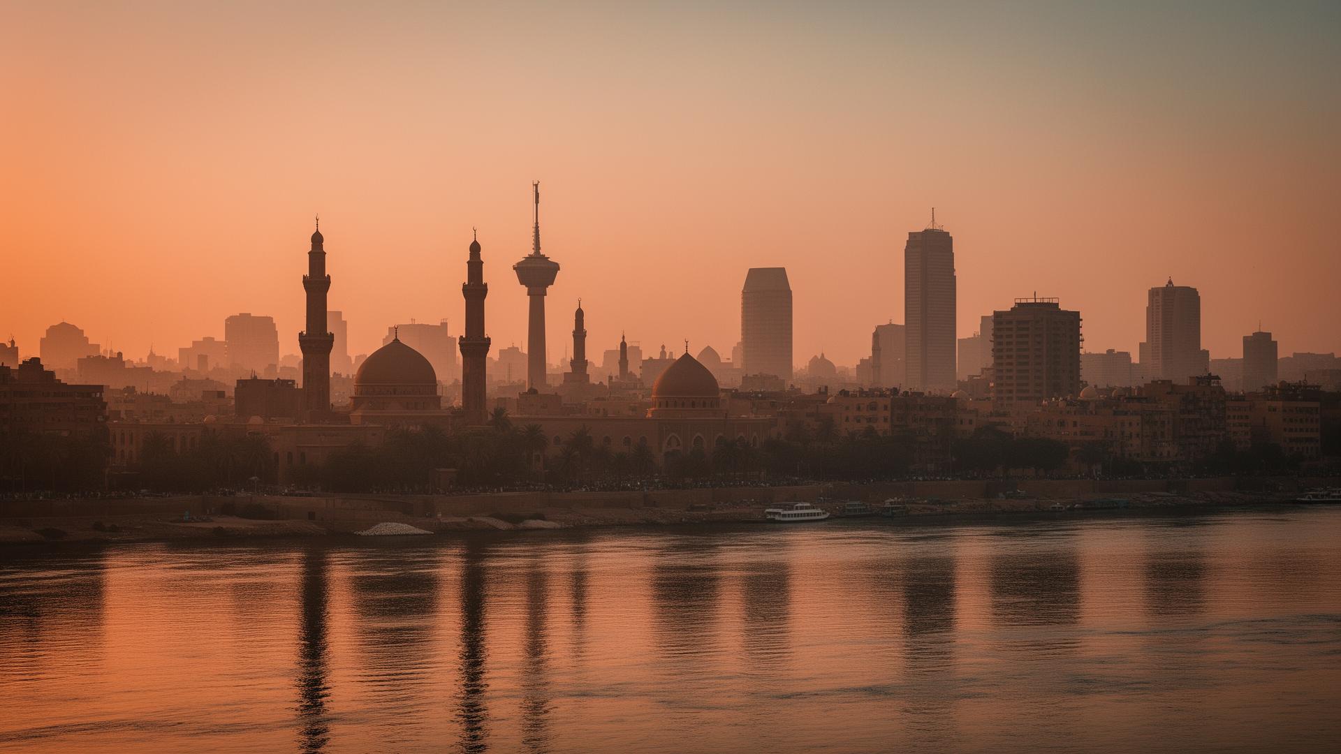 خط أفق القاهرة عند الغروب — النيل، المآذن، وبرج القاهرة.