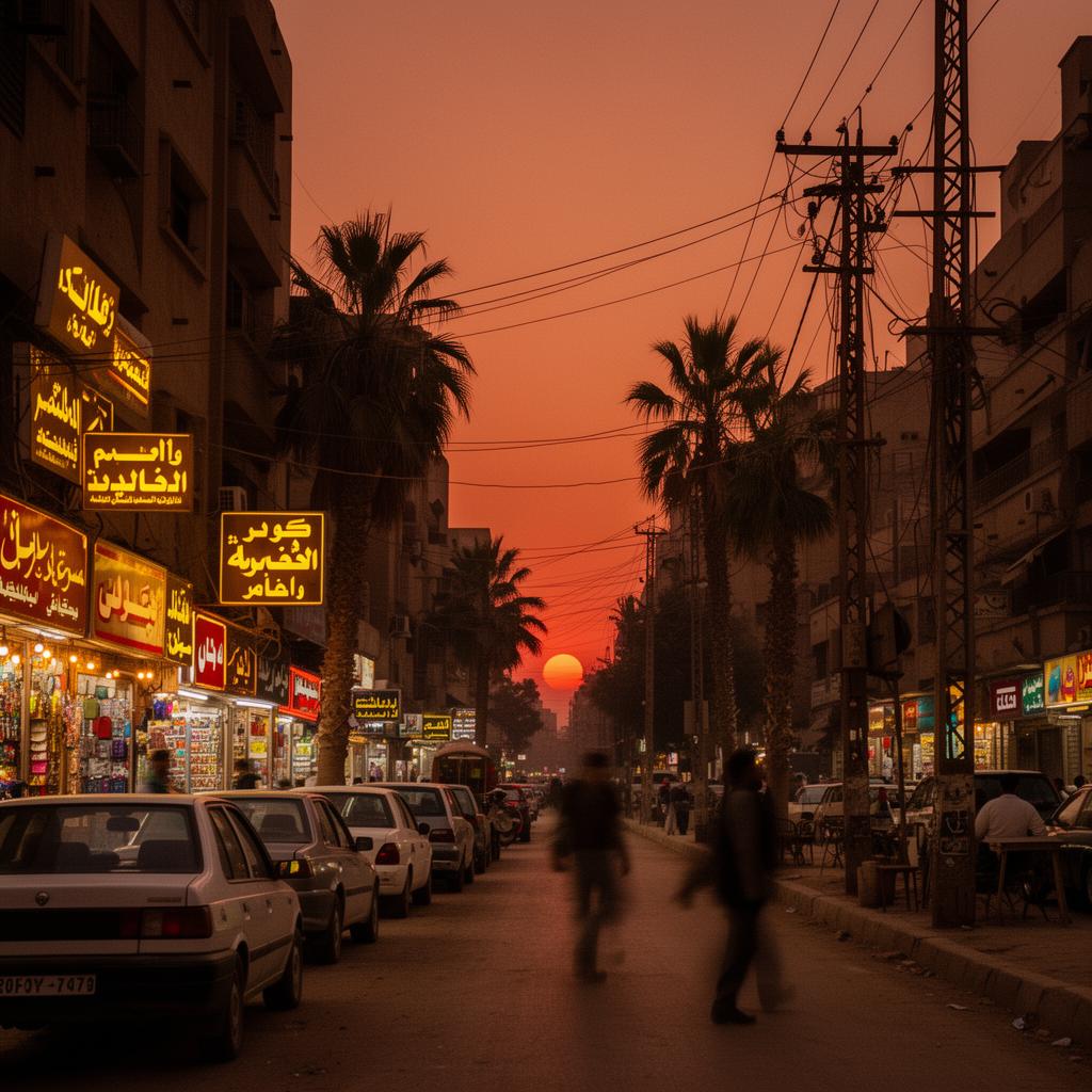 شارع في القاهرة عند الغروب بلافتات عربية ونخيل.